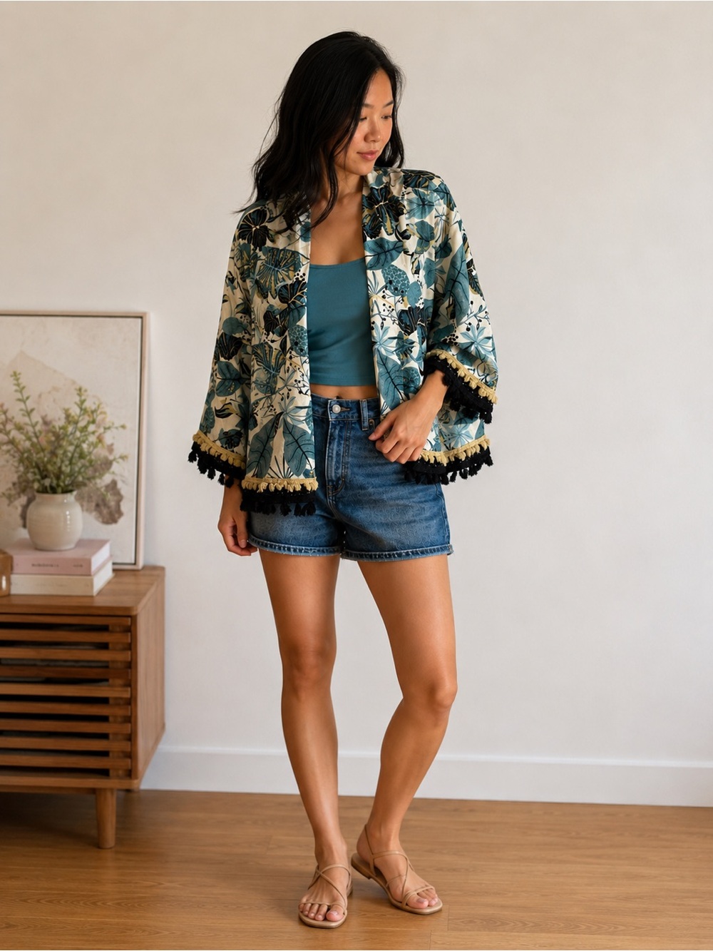 Organic Cotton Tropical Tassel Kimono Jacket XS/S